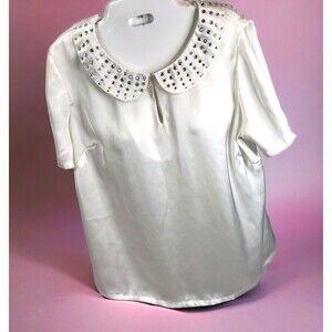 Y2K Love Rocks White Peter Pan Collar Blouse Embellished Top Vtg Size L Coquette
